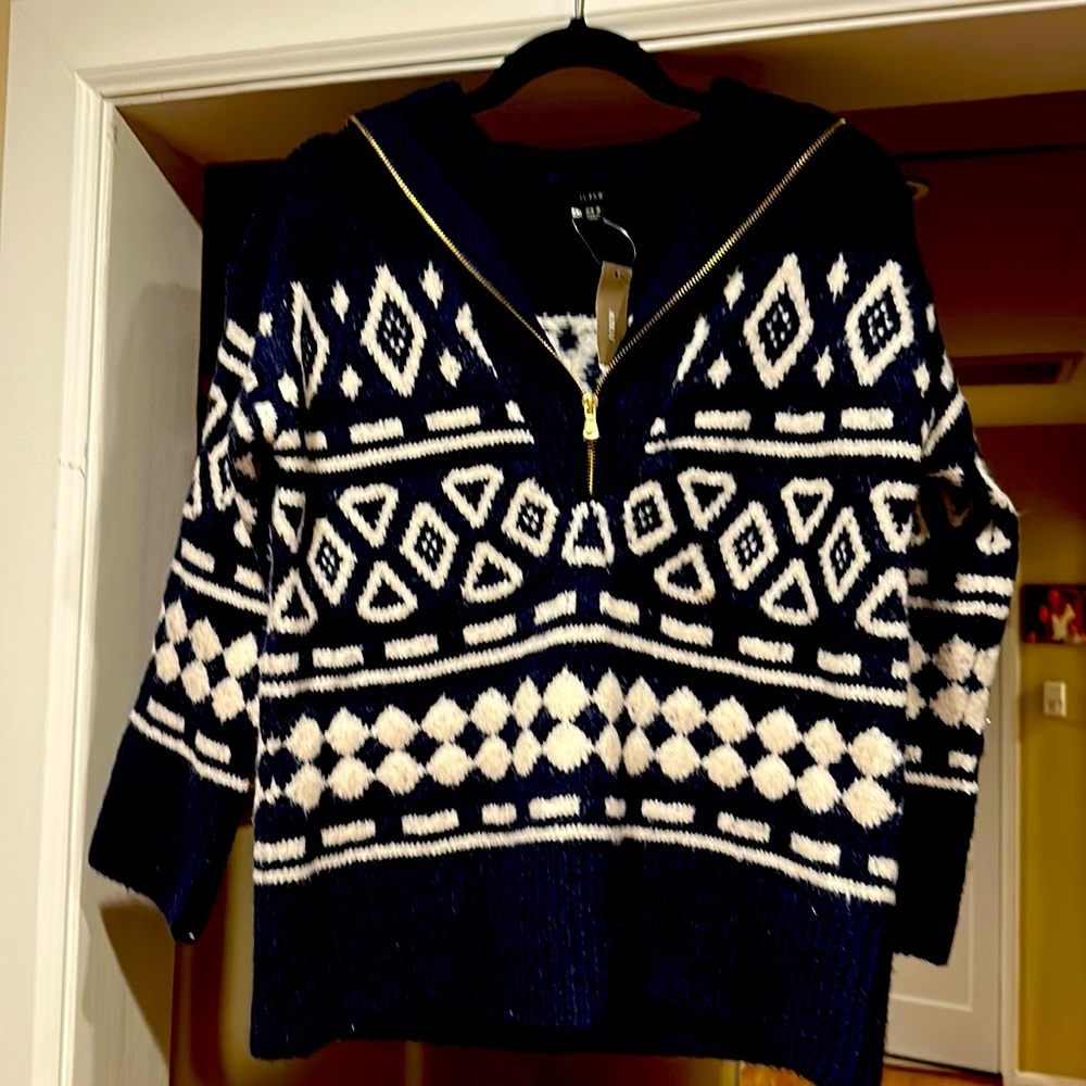 J. Crew Navy and White Patterned Turtleneck Sweater